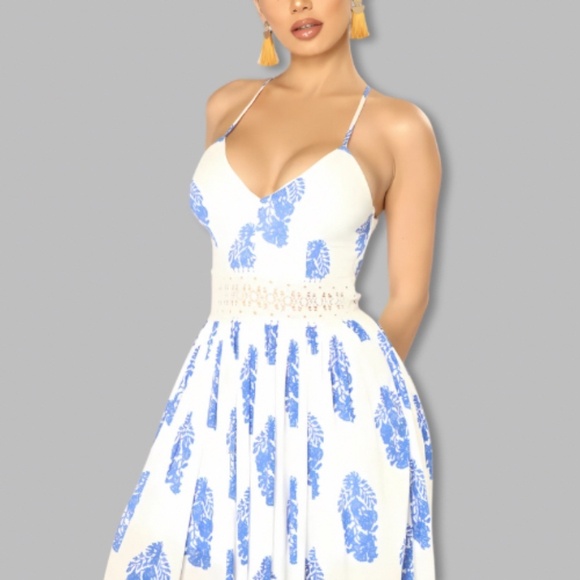 Fashion Nova Holy Slit Maxi Sundress Embroidered Waist Ivory/Royal Women's US 2X - Picture 2 of 7